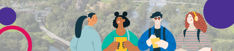 City view with cartoon-style graphics highlighting DARE participating colleges.