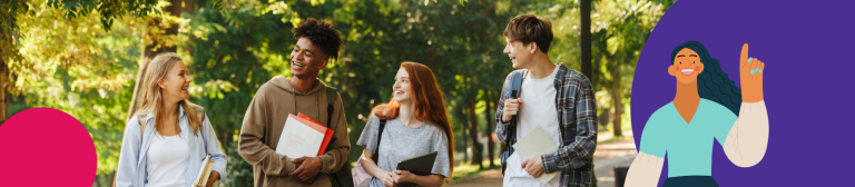 Four young people walking together and laughing.