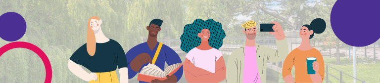 Cartoon-style people overlaid on a park scene.
