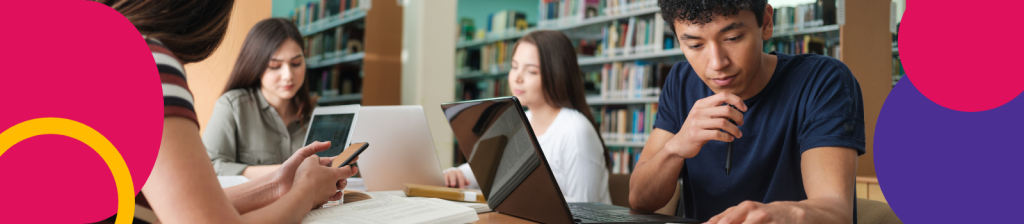 Four students studying together in a library, with red and purple circle graphics overlay.