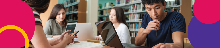 Four students studying together in a library, with red and purple circle graphics overlay.
