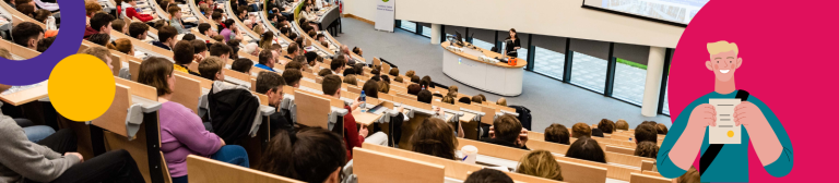 Students seated in a lecture hall, listening to a lecture.