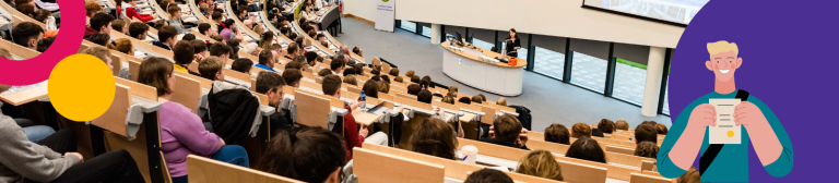 Students seated in a lecture hall, listening to a lecture.
